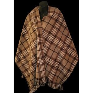 Martha Stewart Wrap Plaid Blanket Poncho Brown Beige One Size Fringe Hem